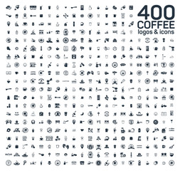 Wall Mural - Coffee details and tools 400 isolated icons set on white background. Logo and sign for coffee shop and house