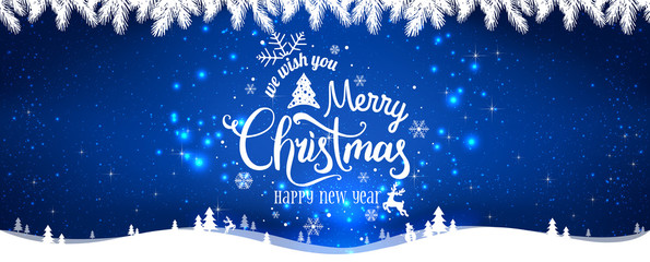 Wall Mural - Christmas and New Year Typographical on shiny Xmas background with winter landscape with snowflakes, light, stars.