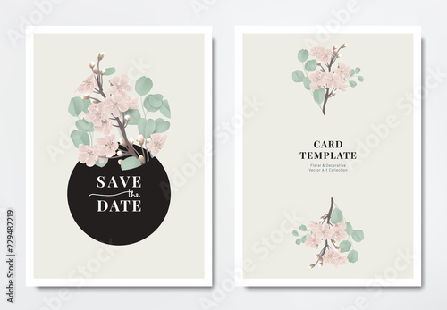 Botanical wedding invitation card template design, pink sakura flowers with S...