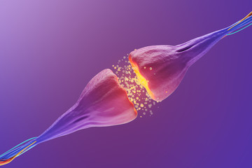 Sending chemical and electrical signals in a synapse and neuron. Human nervous system. Close Up. 3d rendering