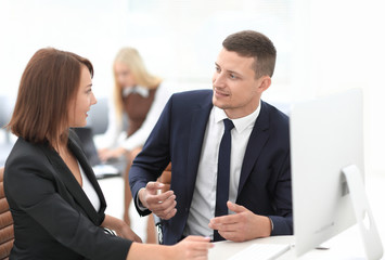 Poster - employees discussing business issues in office