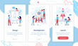 © KatyFlaty - The development team is working on the project. Creation of a rocket. Onboarding screens template. Mobile app design. Business concept. Flat vector illustration.