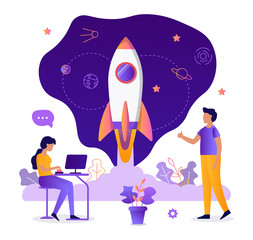 Wall Mural - missile launch. start new business projects. startup concept. teamwork. web development. flat vector