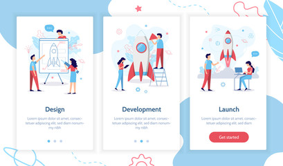 Wall Mural - the development team is working on the project. creation of a rocket. onboarding screens template. m