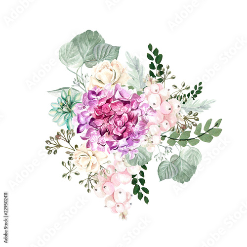 Watercolor bouquet with hydrangea flowers, roses, succulent plants, berries a...