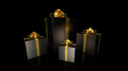 black gift boxs with golden ribbon bow on the dark background