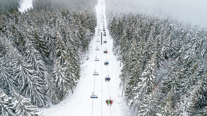 Bukovel, UKRAINE - December 25, 2017: Aerial view of the cable car in the ski resort