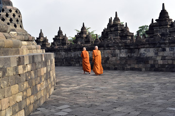 Monks lead a round of chanting at Borobudur Temple, Java, Indonesia