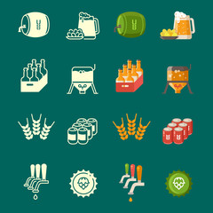 Sticker - Silhouettes and colorful flat vector beer icons set isolated on green illustration