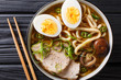 Spicy udon noodle soup, pork, boiled eggs, shiitake and onions close-up in a bowl. Horizontal top view