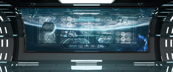 Wall Mural - dark spaceship interior with control panel digital screens 3d rendering