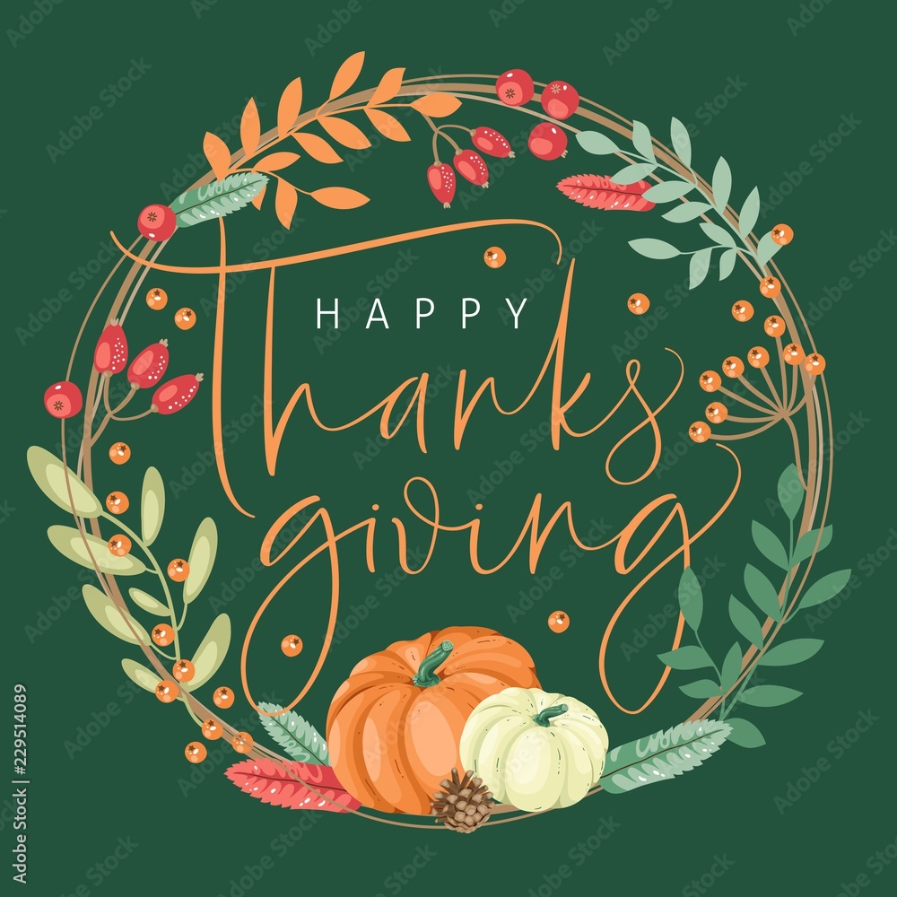 Happy thanksgiving card with modern brush calligraphy and decorative ...