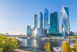 Moscow city skycraper, Moscow International Business Centre at autumn time with Moscow river, Russia.