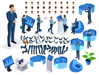 Wall Mural - isometric set business men with gadgets, create your character, a set of emotions, gestures of hands