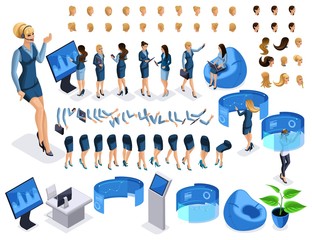 Wall Mural - isometric set business lady with gadgets, create your character, a set of emotions, gestures of hand