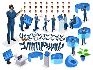 Wall Mural - isometric set business men with gadgets, create your character, a set of emotions, gestures of hands