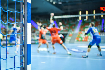 Detail of handball goal post with net and handball match in the background.