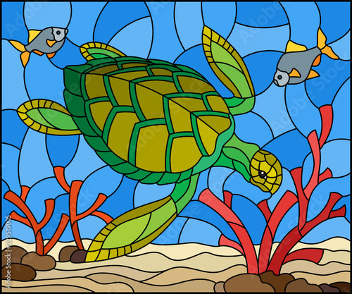 ilustracja-w-witrazu-stylu-z-dennym-zolwiem-na-dna-morskiego-tle-z