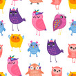 Hand drawn various cute owls. Colored vector seamless pattern