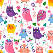 Hand drawn various cute owls and flowers. Colored vector seamless pattern
