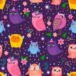 Hand drawn various cute owls and flowers. Colored vector seamless pattern. Dark background