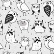 Hand drawn various cute owls. Graphic vector seamless pattern. Grey background