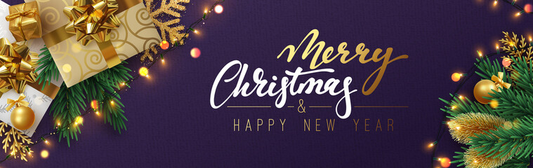 christmas banner, xmas sparkling lights garland with gifts box and golden tinsel. horizontal christm
