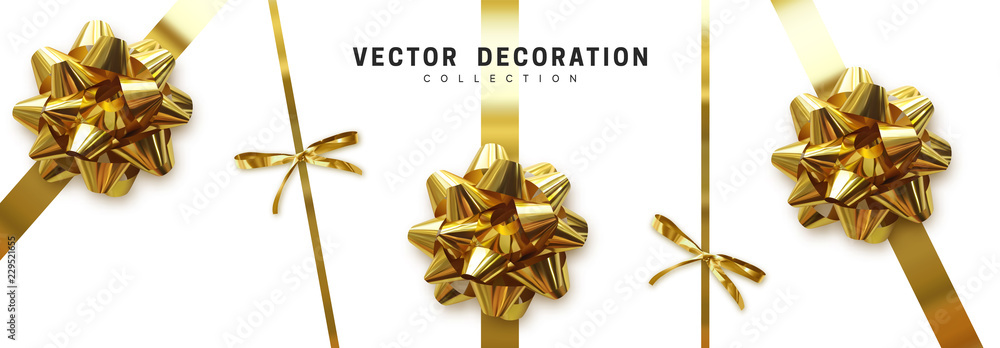 Bows gold realistic design. Decorative gift bows with ribbons isolated on white background - obrazy, fototapety, plakaty 