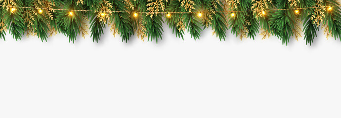 Christmas border green and golden pine branches light garlands isolated on white background.