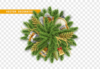 Wall Mural - Christmas design vector background. A bundle of pine branches into a round sphere and the holiday Xmas decoration object, gift boxes, antique clocks, golden bell