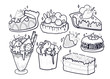 Various tasty desserts. Hand drawn black and white vector set. All elements are isolated