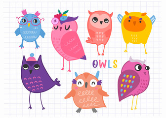 Wall Mural - Hand drawn various cute owls. Colored vector set. All elements are isolated 