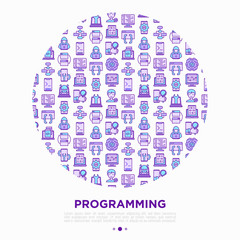 Wall Mural - programming concept in circle with thin line icons: developer, code, algorithm, technical support, p