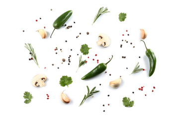 Flat lay composition with spices and herbs on white background