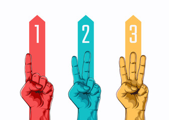 set of counting one two three hand sign. three steps or options concept. vector illustration