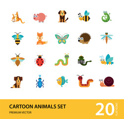 Sticker - Cartoon animals icons set. Kangaroo, pig, bat, bee, fish. Fauna concept. Can be used for topics like nature, wildlife, wilderness, cattle