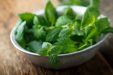 Wall Mural - Fresh mint in rustic bowl