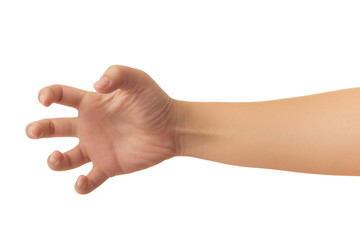 Human hand in reach out one's hand and showing 5 fingers gesture isolate on white background with clipping path, Low contrast for retouch or graphic design