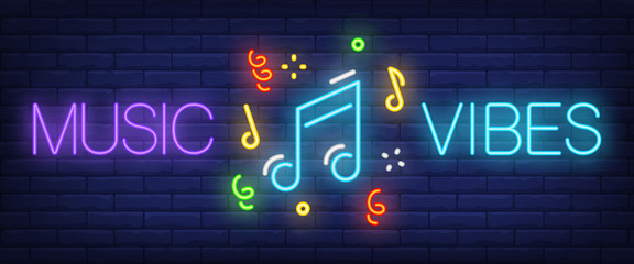 Music vibes neon sign. Notes on brick background. Disco, concert, multimedia. Night bright advertisement. Vector illustration in neon style for entertainment, leisure, application