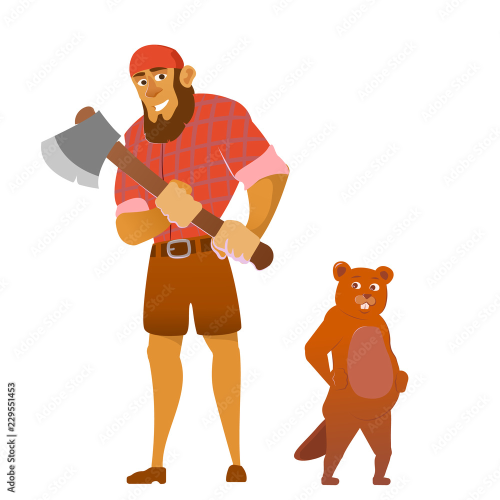 Lumberjack holding axe in hands and beaver. Vector pictures isolate on ...