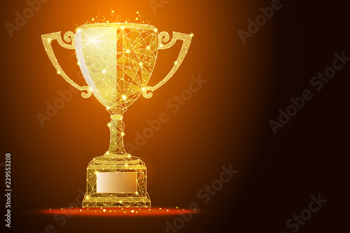 Fotomural Low poly illustration of the winner cup a golden dust effect, with space for you