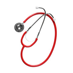 red stethoscope medical instrument on top view for heart or lung and health respiratory check in hospital or clinic on white background isolated included clipping path