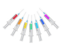 Translucent Syringes With Needle And With Liquid Serum Isolated On Transparent Background. Syringe Vector Set. Seven Syringes With Bright Vaccine. 
Rainbow Serum Vaccine In Disposable Syringe