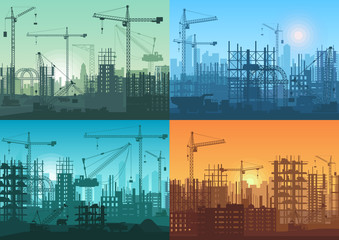 Aufkleber - Morning sunrise, sunset and day building constructions background set. Vector Industrial building process under construction.