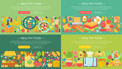 Set of trendy flat design concepts for food, cooking, restaurant. Concept icons for cooking, fruits and vegetables, restaurant and vegetarian food.