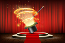 Magic Wand And Hat On Stage With Curtain. Focus And Entertainment.
