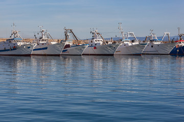 Wall Mural - Fishery vessels anchored in the harbor on the peninsula Argentario in Tuscany, Italy