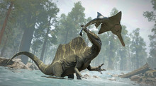 A 3D Rendering Of Spinosaurus Catching Its Next Meal.