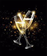 Sparkling Glasses Of Champagne On Black Background, Gold Bokeh Effect, Realistic Wineglass With Fizzy Drink, Celebrate Concept, Vector Illustration