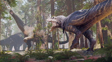 A 3D Rendering Of Tyrannosaurus Rex Charging Towards An Alamosaurus In A Prehistoric Forest.